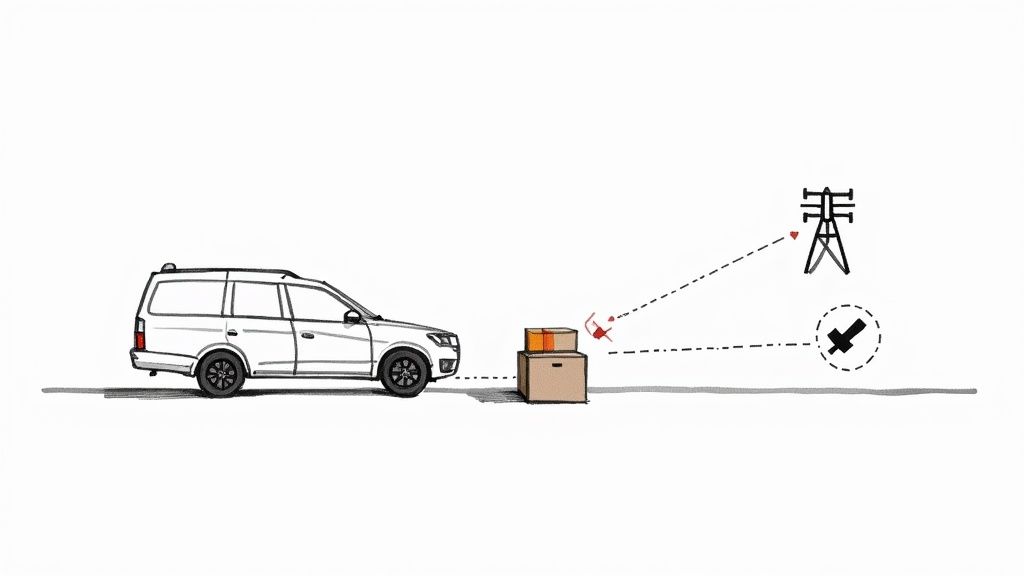 A small, black hidden GPS tracker being held in a person's hand.