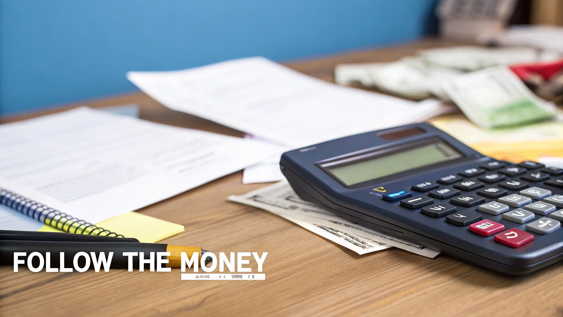 An artist and manager discussing finances and a contract over a calculator and laptop
