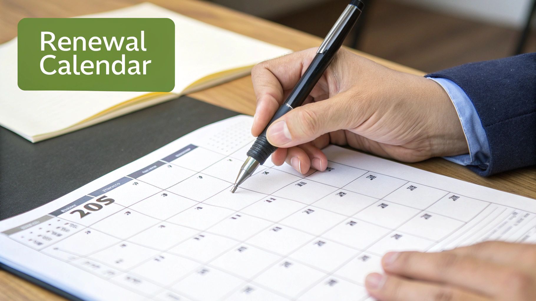 A calendar with a magnifying glass over it, representing trademark deadlines