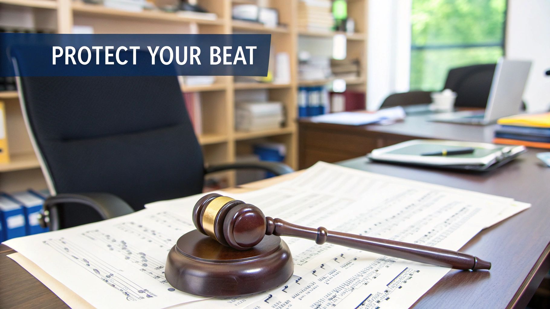 A laptop displaying a beat-making software, a legal pad with a pen, and studio headphones.