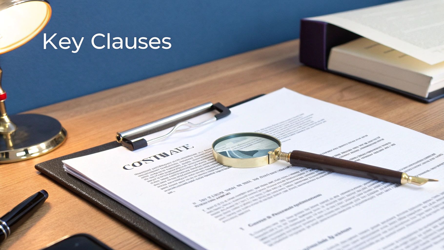 A person pointing to specific clauses on a legal document spread out on a desk.