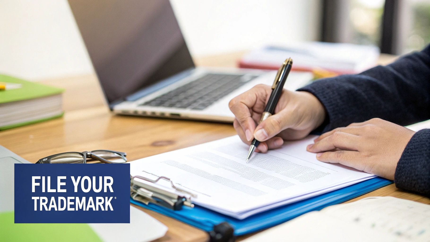 A person filling out a form on a laptop, representing the online USPTO application process.