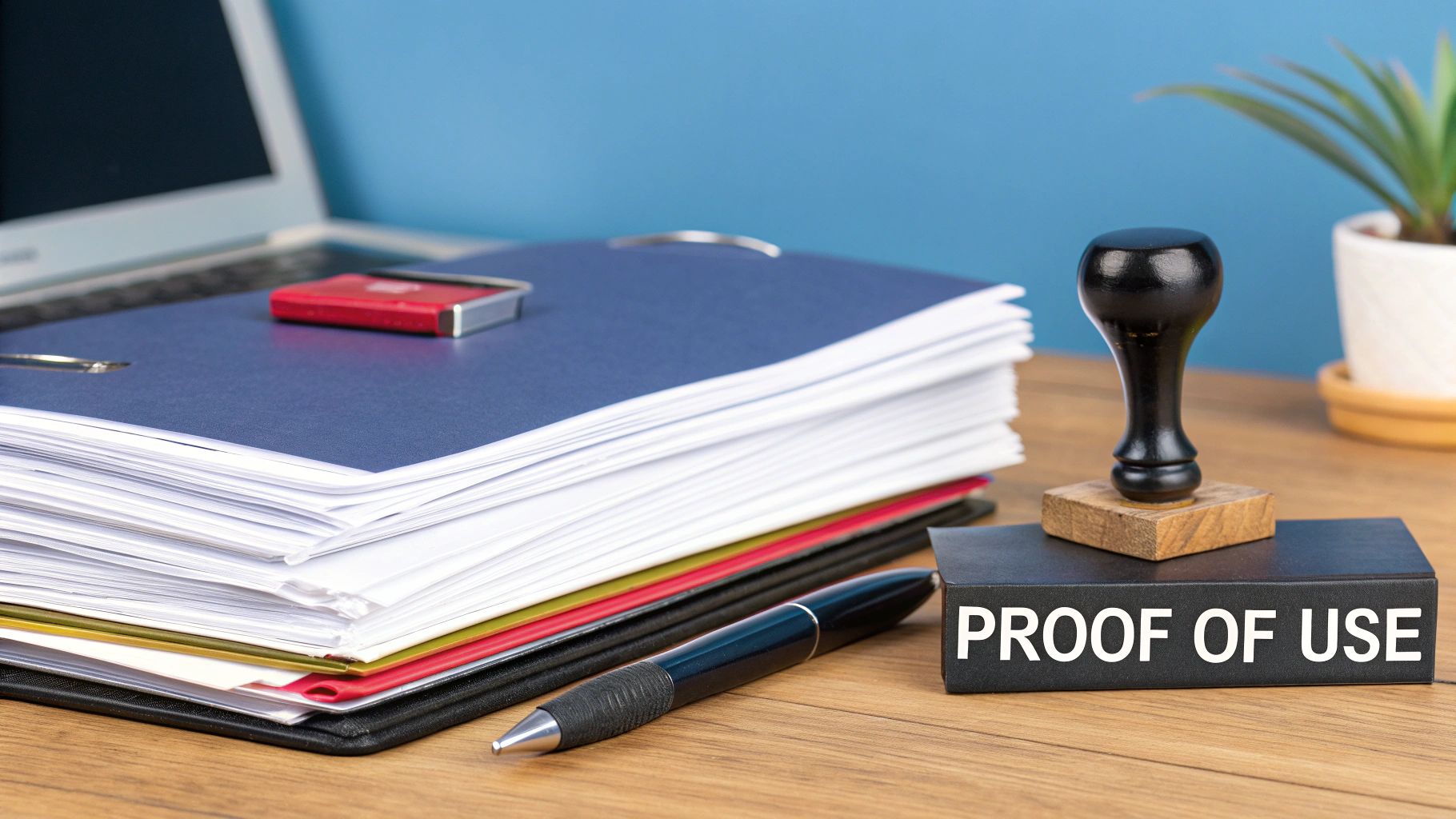 A person organizing paperwork and photos for a trademark renewal application