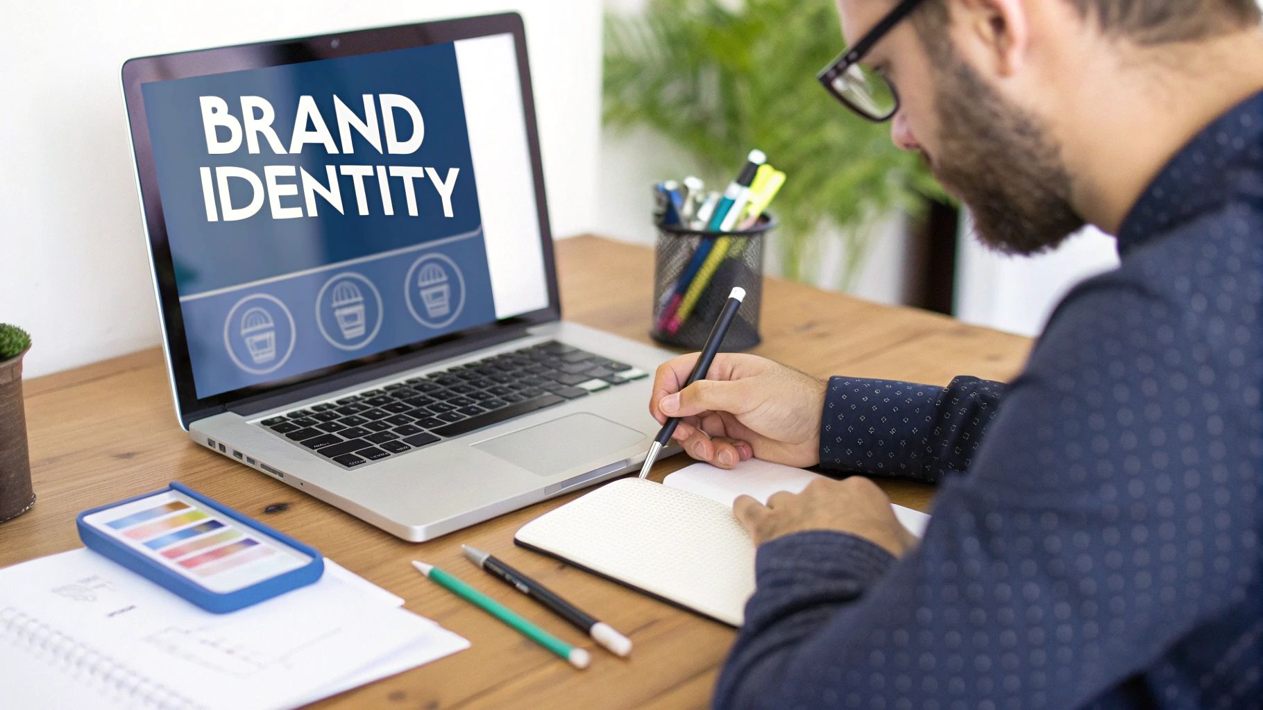 A graphic illustrating the core components of brand identity. It features a central circle labeled "Brand Identity" surrounded by six interconnected icons representing a logo, color palette, typography, imagery, voice & tone, and a website layout. The design is modern and clean, using a dark accent color (#2f2d3a).