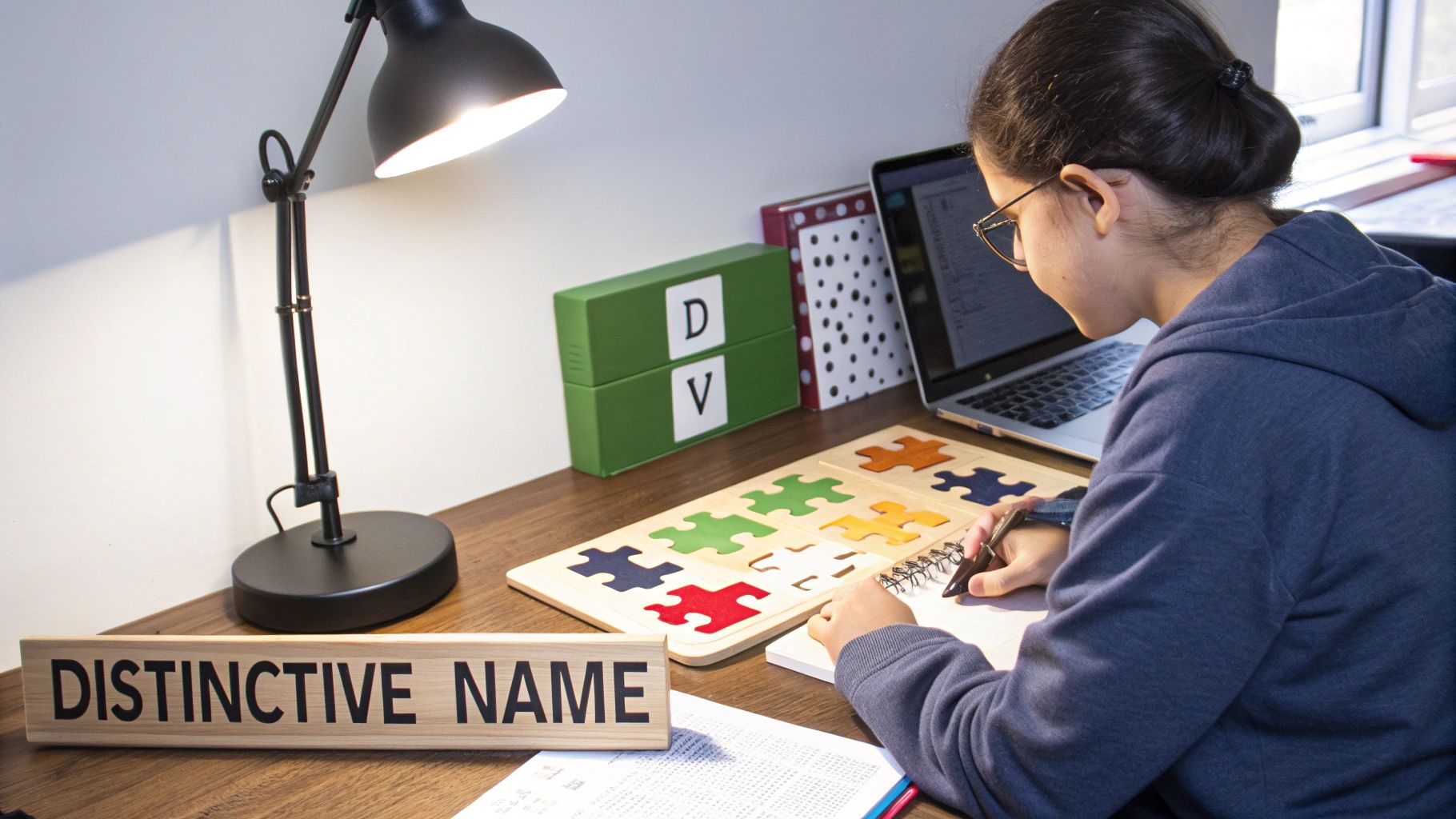 A person examining a document with a magnifying glass, symbolizing the careful evaluation of a name's distinctiveness.
