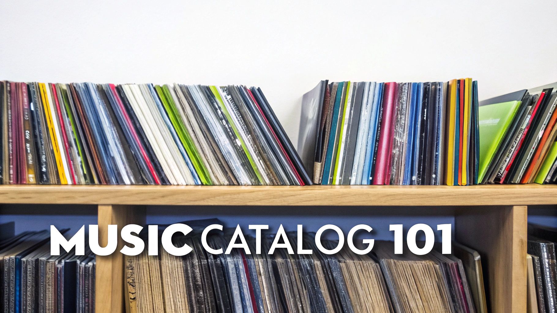 A person organizing vinyl records on a shelf, representing a music catalog