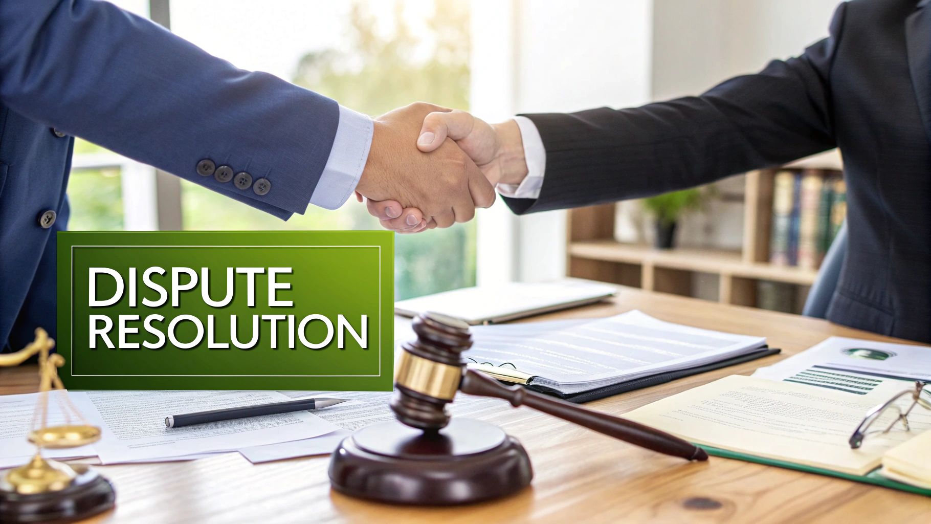 An infographic illustrating the key steps in a dispute resolution process, such as negotiation, mediation, and arbitration.