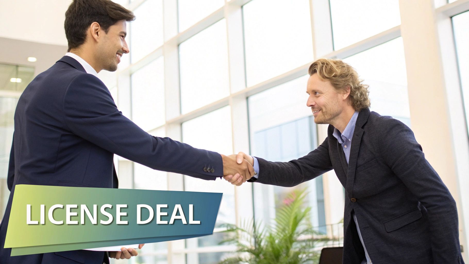 Two people shaking hands over a table with documents, symbolizing a successful negotiation.