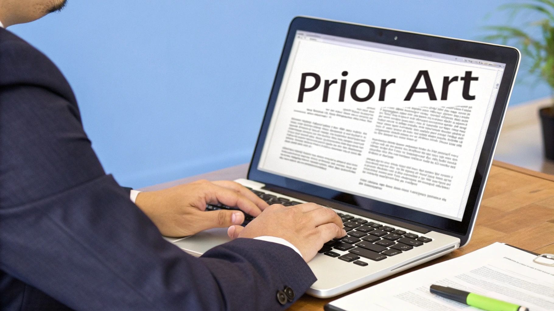 A person using a magnifying glass to inspect a complex diagram, representing a search for prior art.
