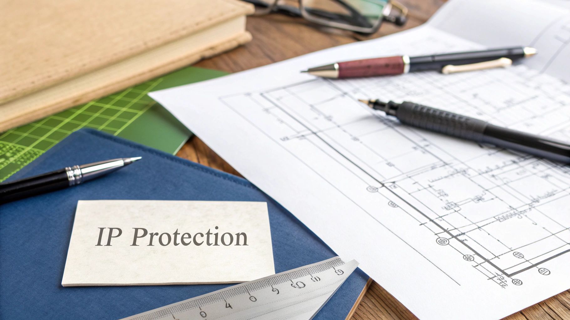 A chessboard with custom pieces representing different types of intellectual property.