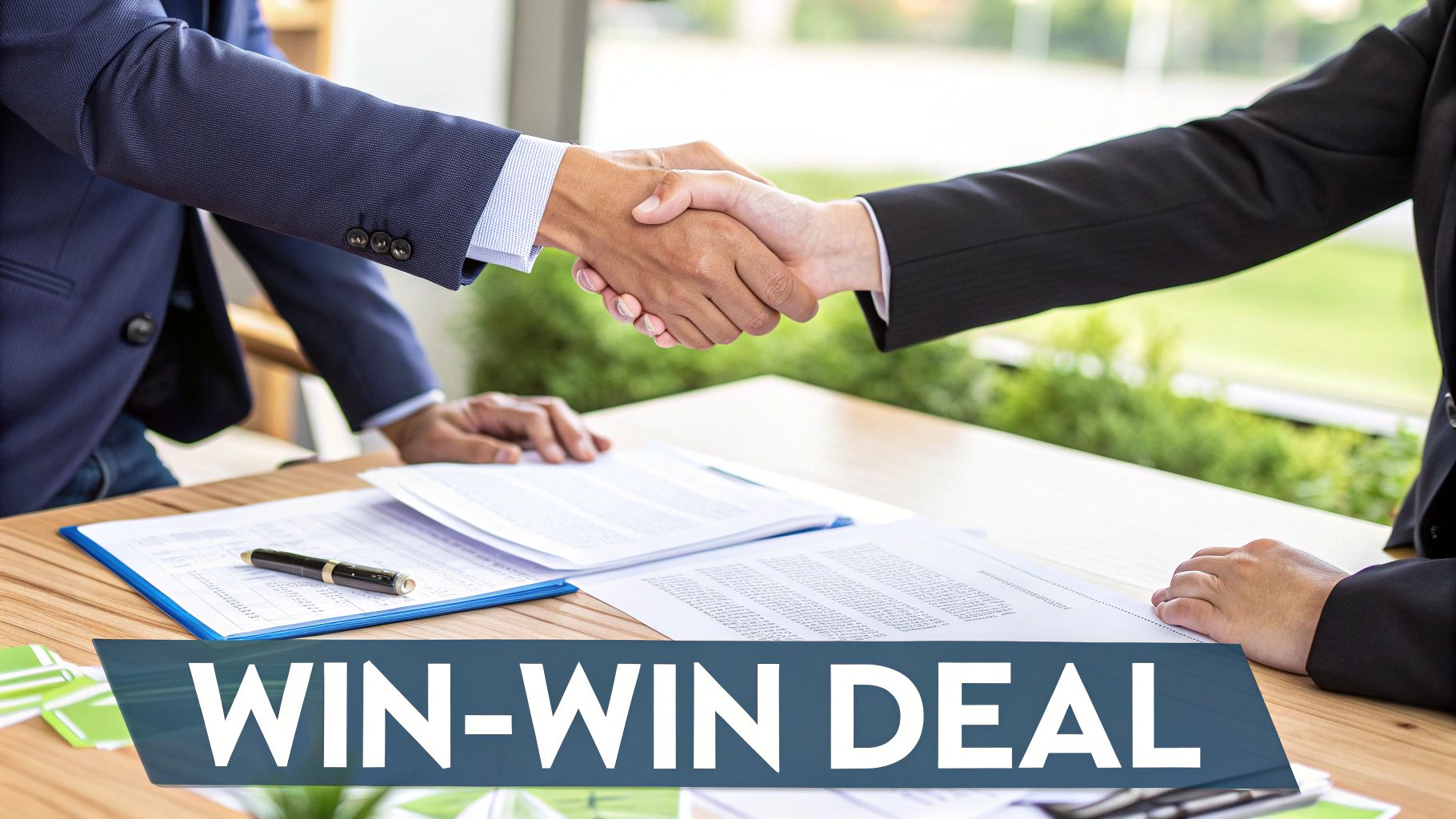 Two business professionals shaking hands over a table with contract documents on it.