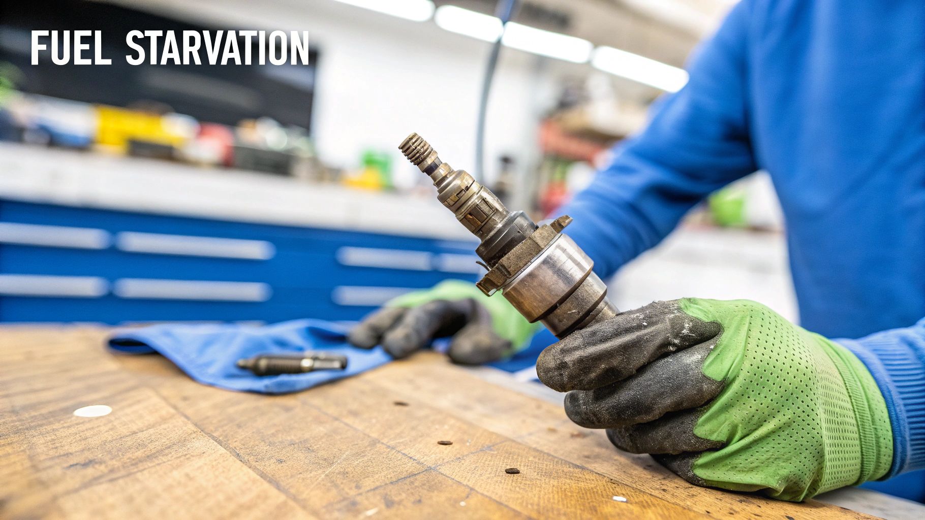 Spark plugs being inspected by an auto technician
