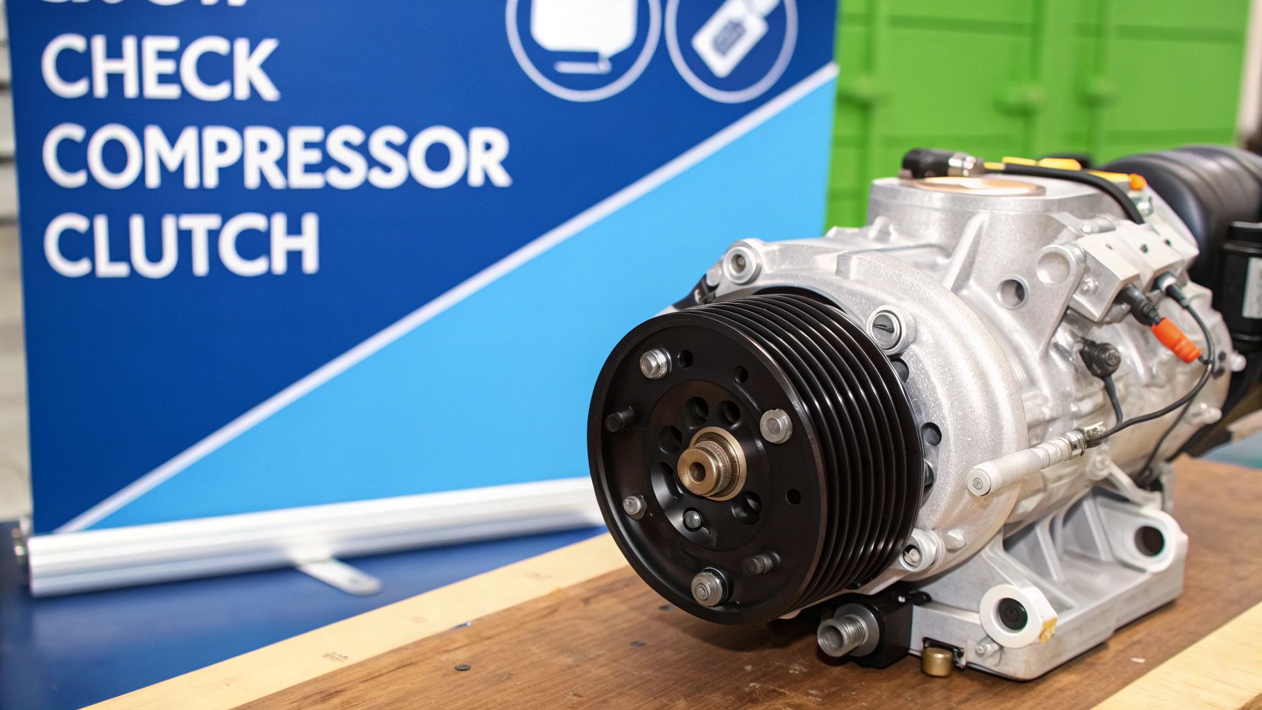 An AC compressor and clutch assembly in a car's engine bay.