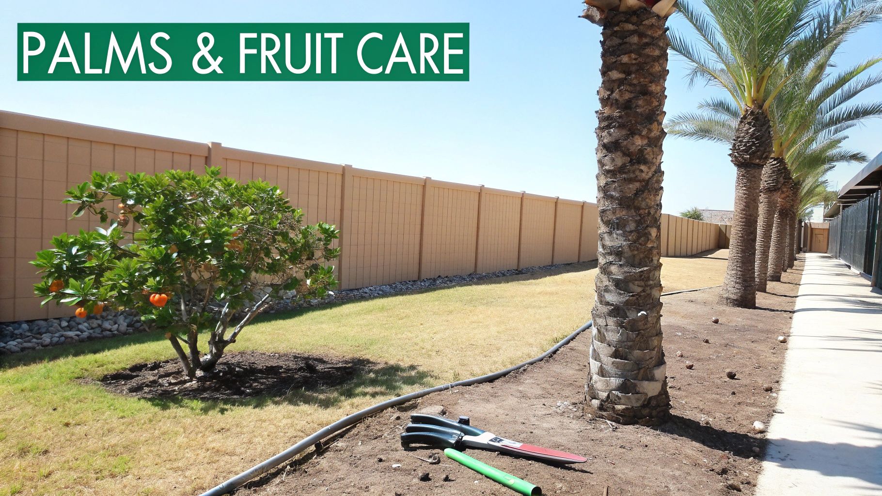 A lush palm tree being professionally trimmed against a clear blue sky.