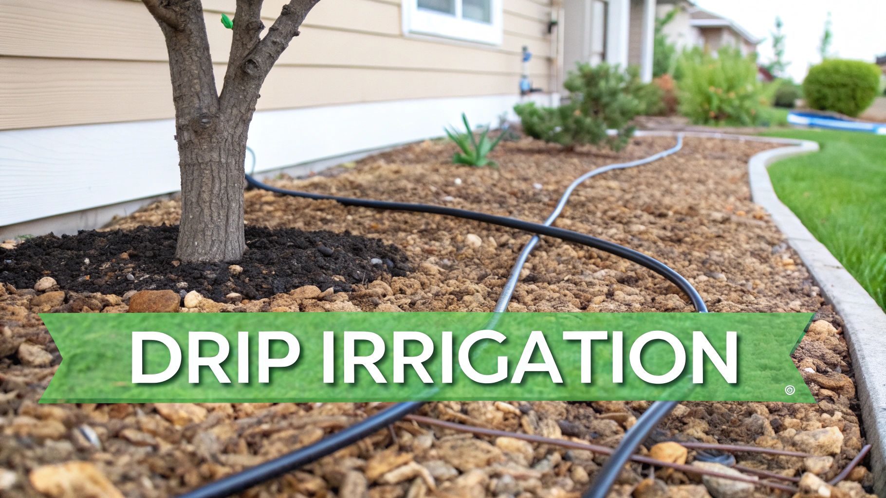 A drip irrigation system with black tubing watering plants in a mulched garden bed next to a house.