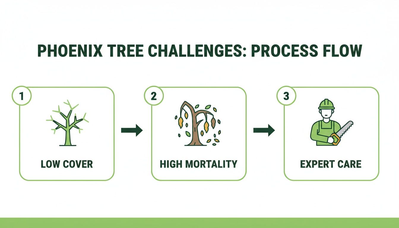 Infographic illustrating phoenix tree challenges: low cover, high mortality, and the solution of expert care.