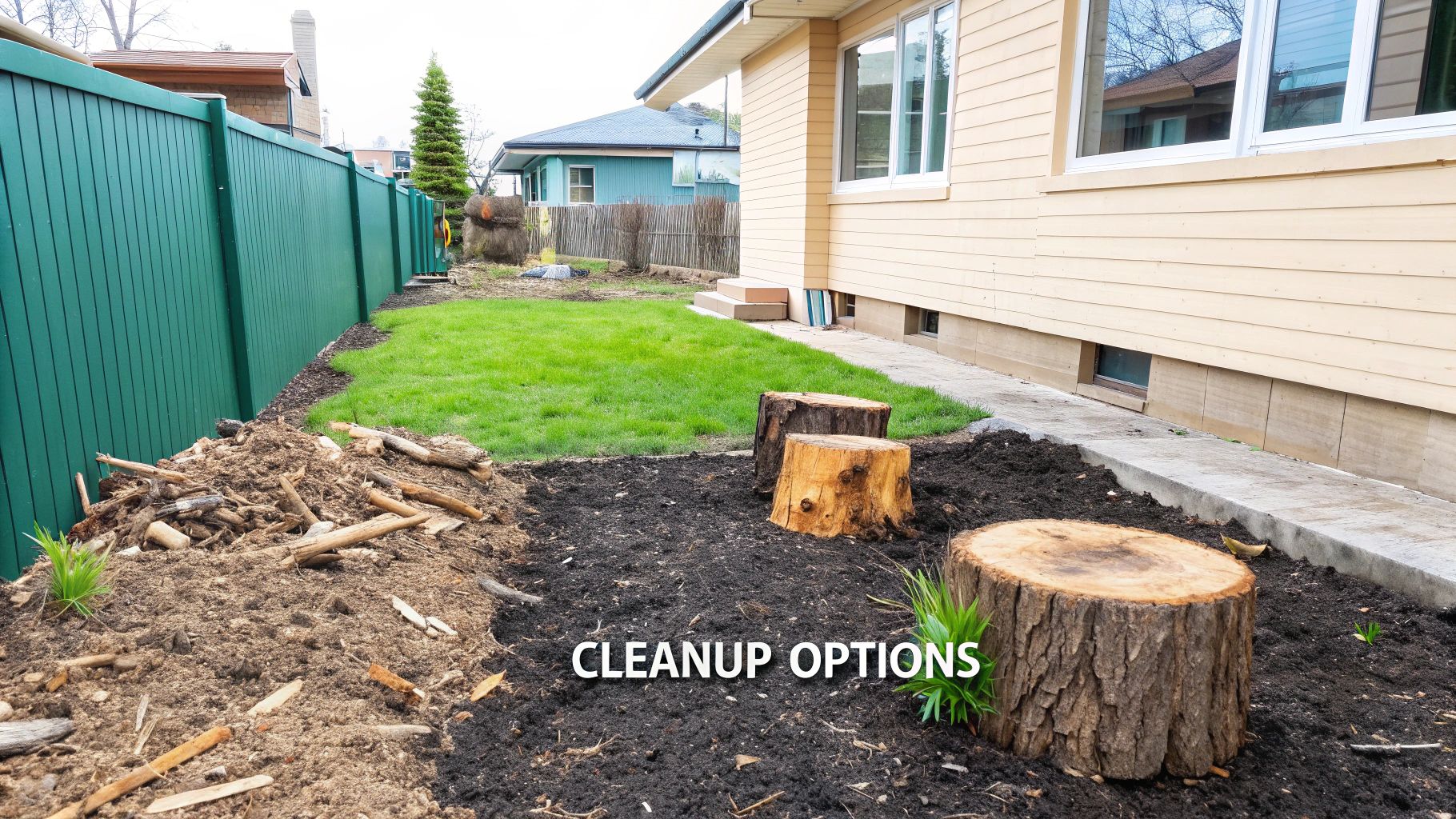 A professional grinding a large tree stump, creating a pile of wood chips.