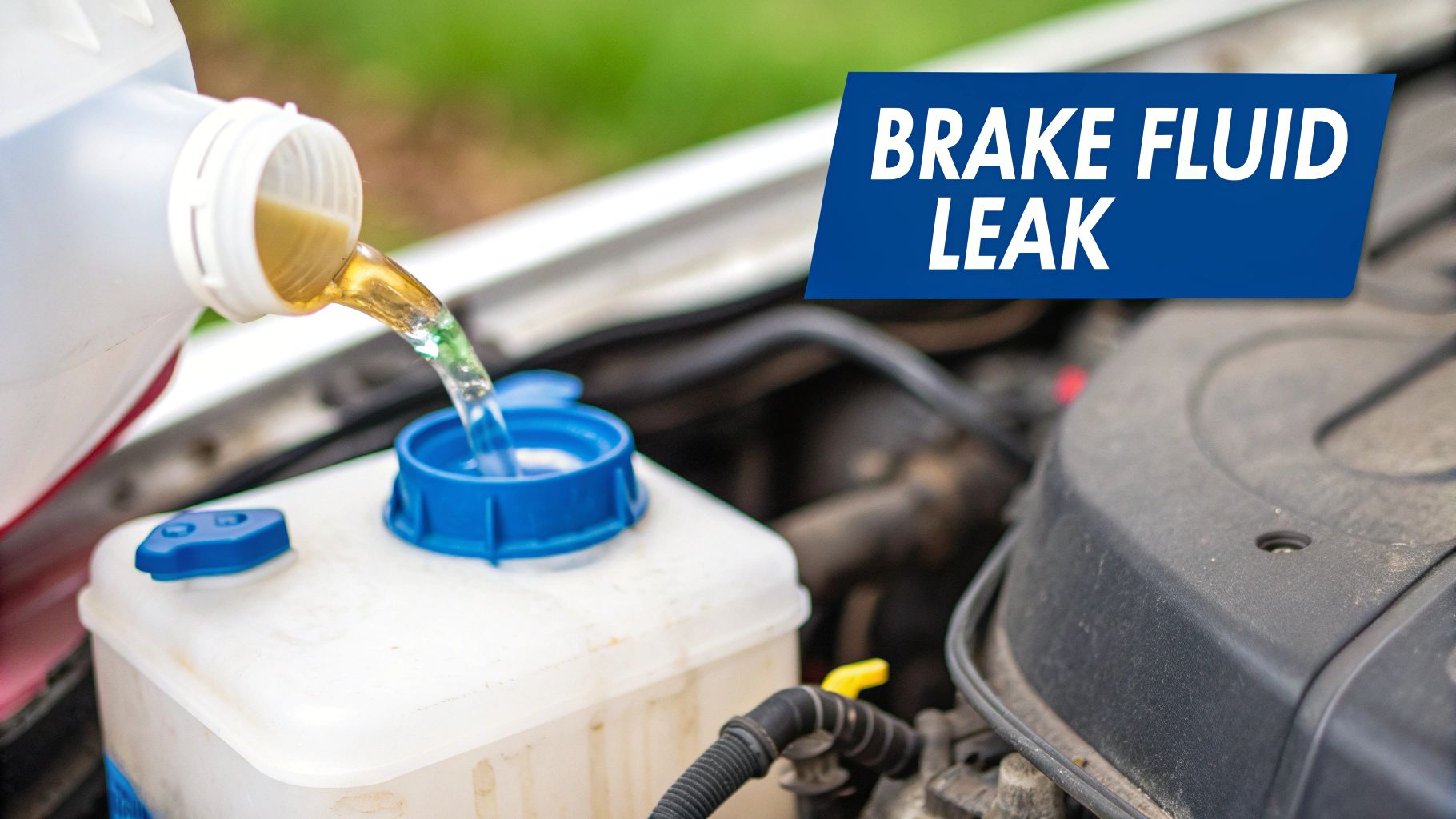 A puddle of brake fluid under a car, highlighting a potential leak.