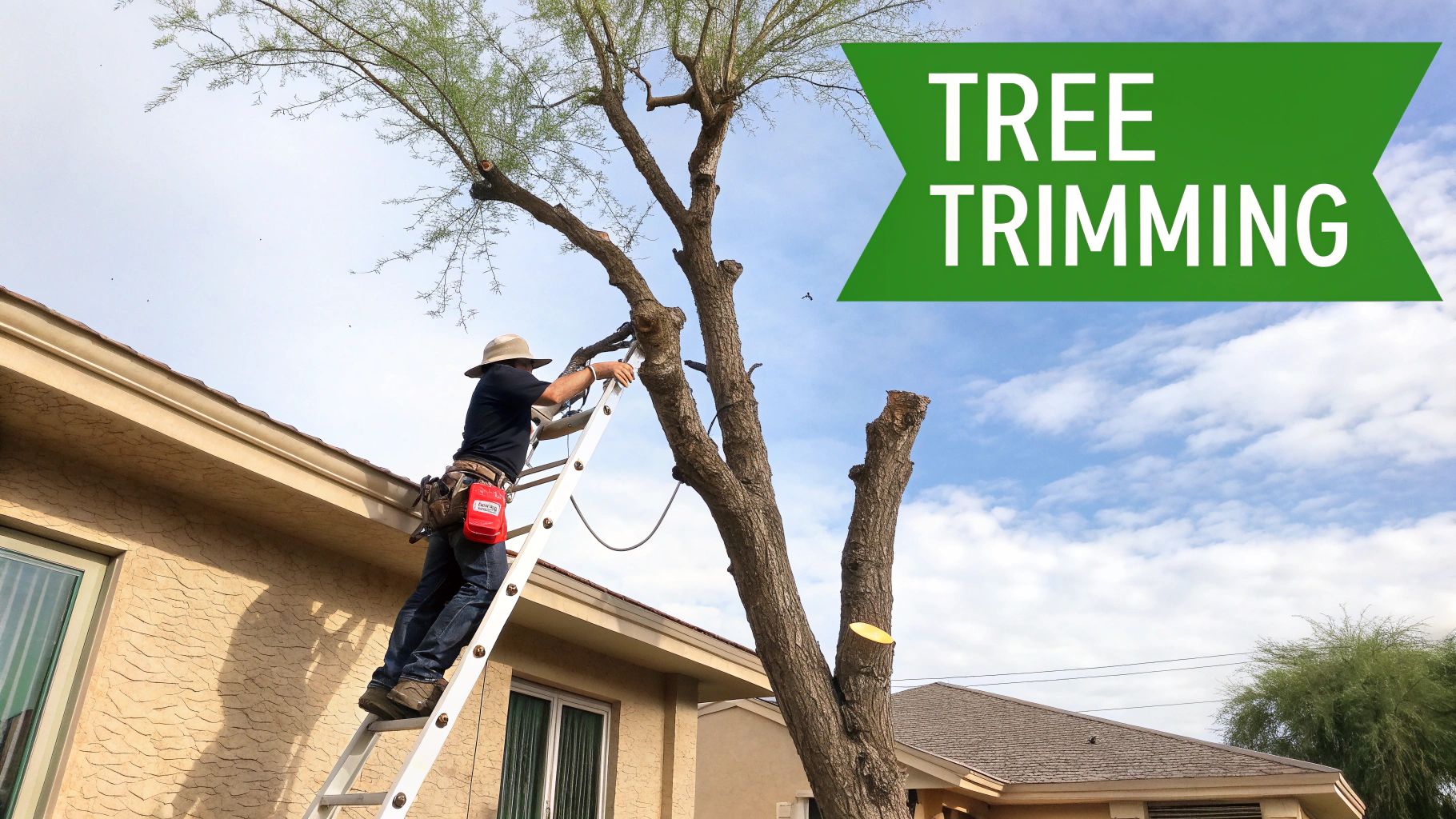 Man on a ladder safely trimming a large tree branch in a residential backyard.