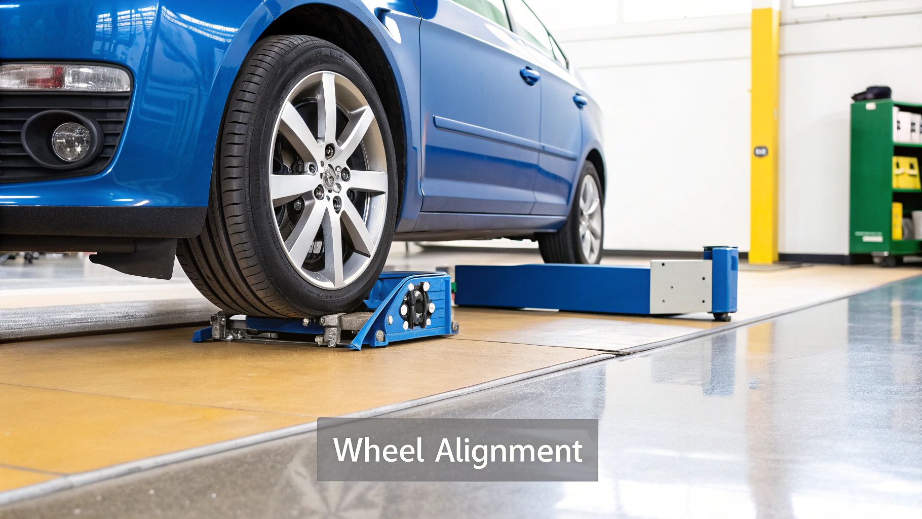 A car being serviced on a professional wheel alignment rack