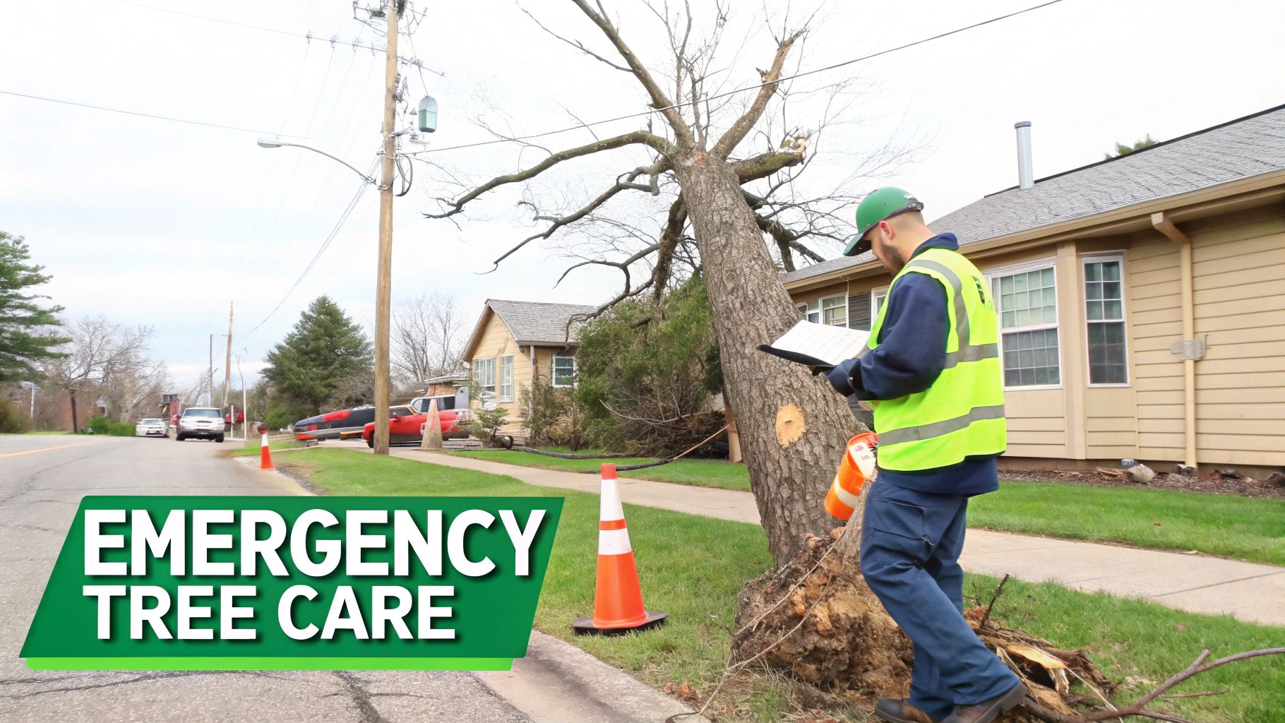 A worker in a safety vest and hard hat inspects a large fallen tree by a house and road, labeled "EMERGENCY TREE CARE."