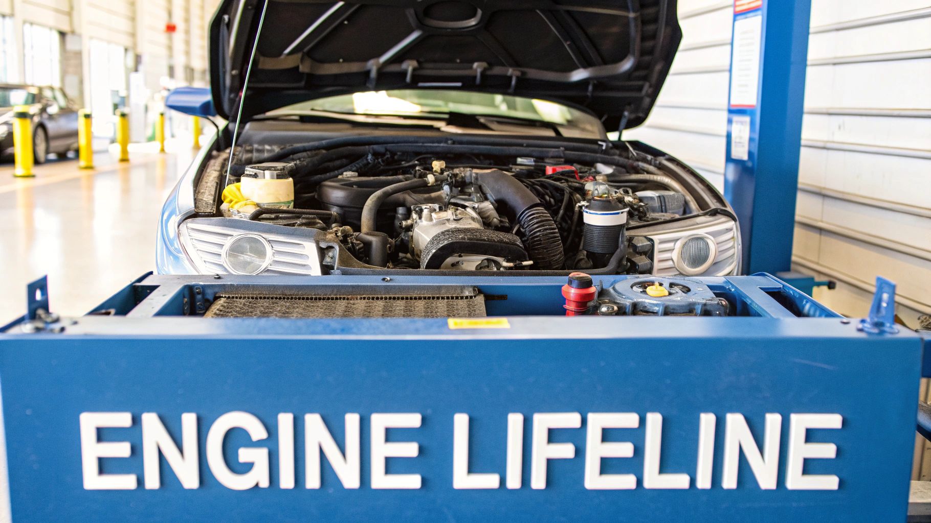 A mechanic inspecting a car's engine bay, focusing on the fuel system components.