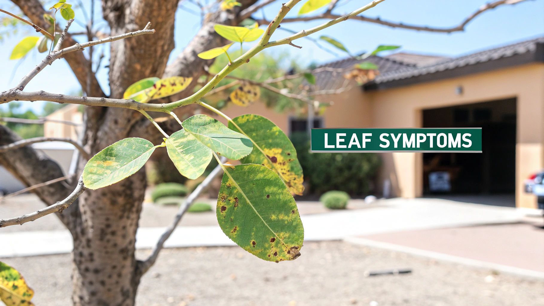 Close-up of tree leaves showing clear symptoms of disease with yellowing and dark spots.