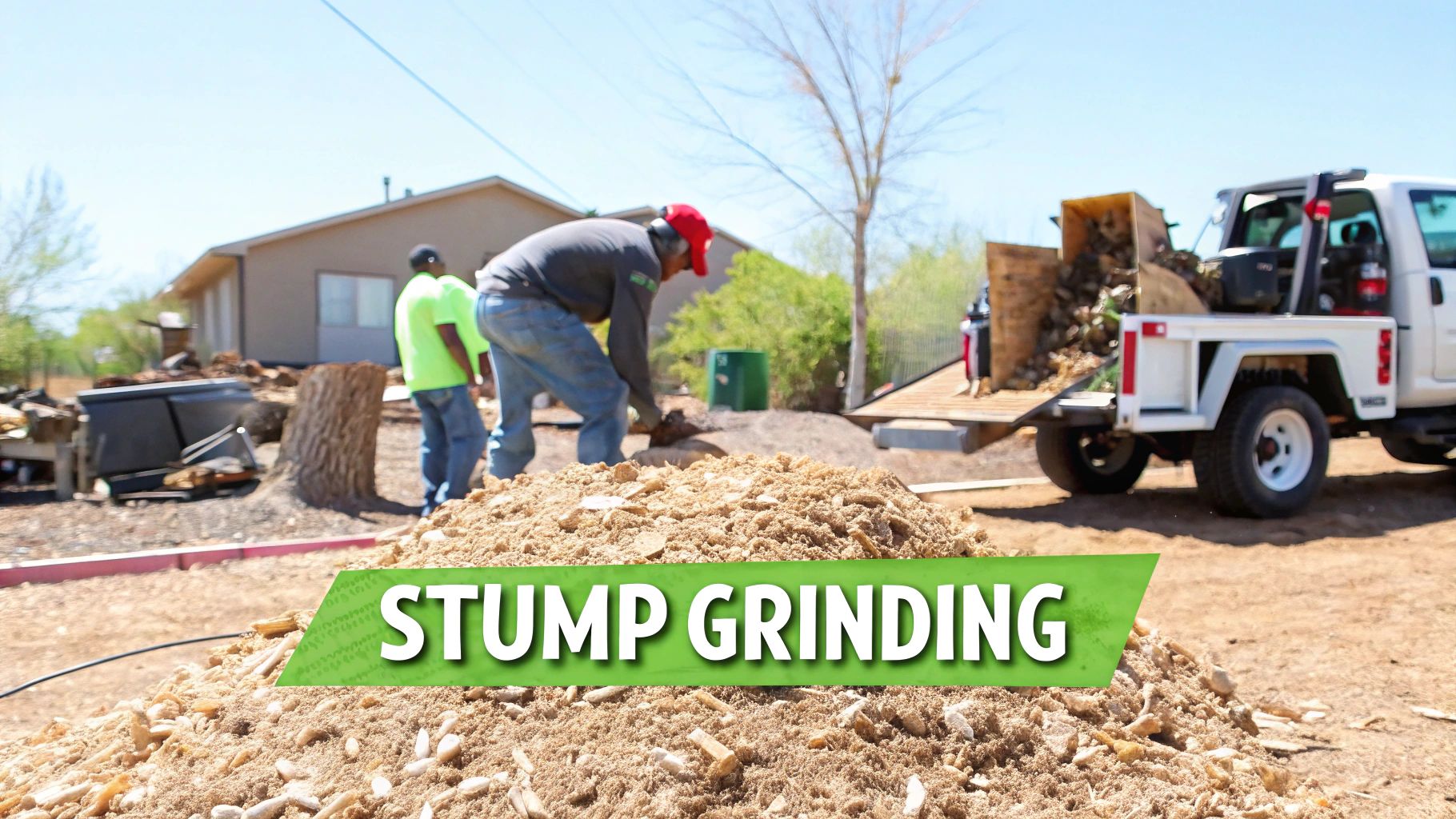Workers perform stump grinding, creating a large pile of wood chips with a utility truck in the background.
