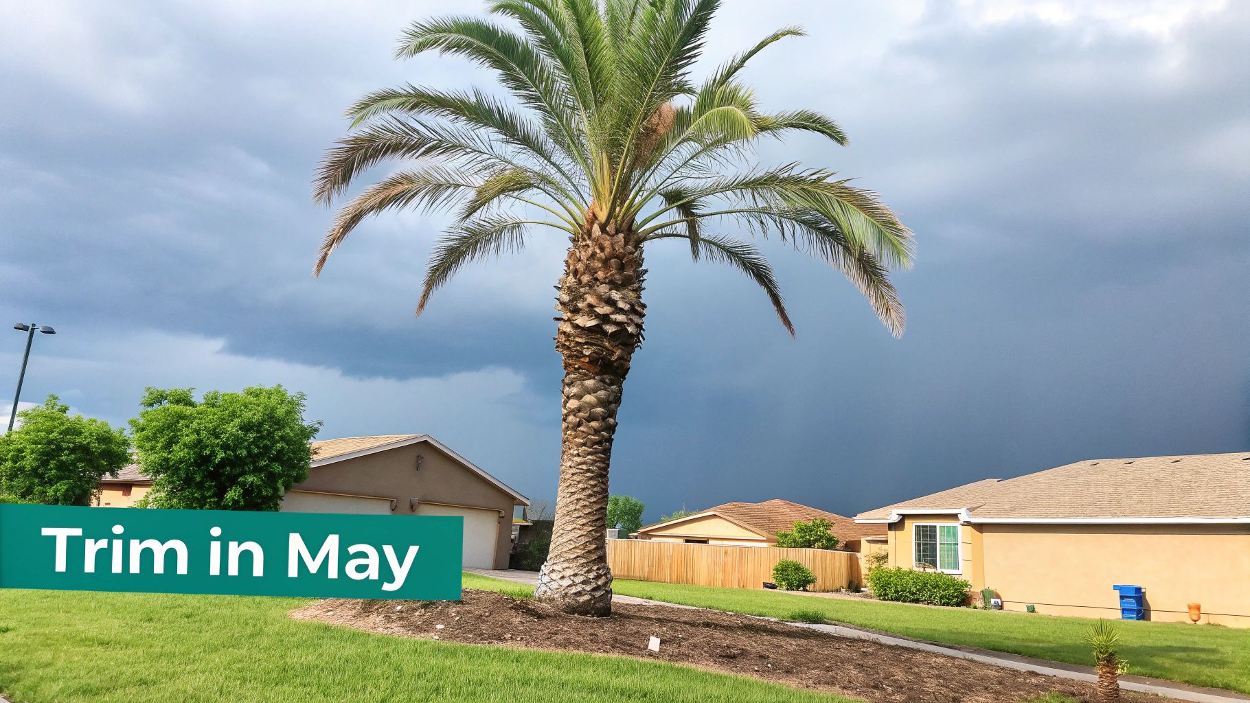A certified arborist trimming a tall palm tree against a clear blue Arizona sky.
