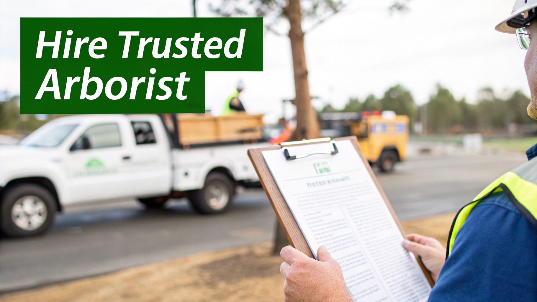 A professional arborist using a chainsaw to remove a storm-damaged tree limb.