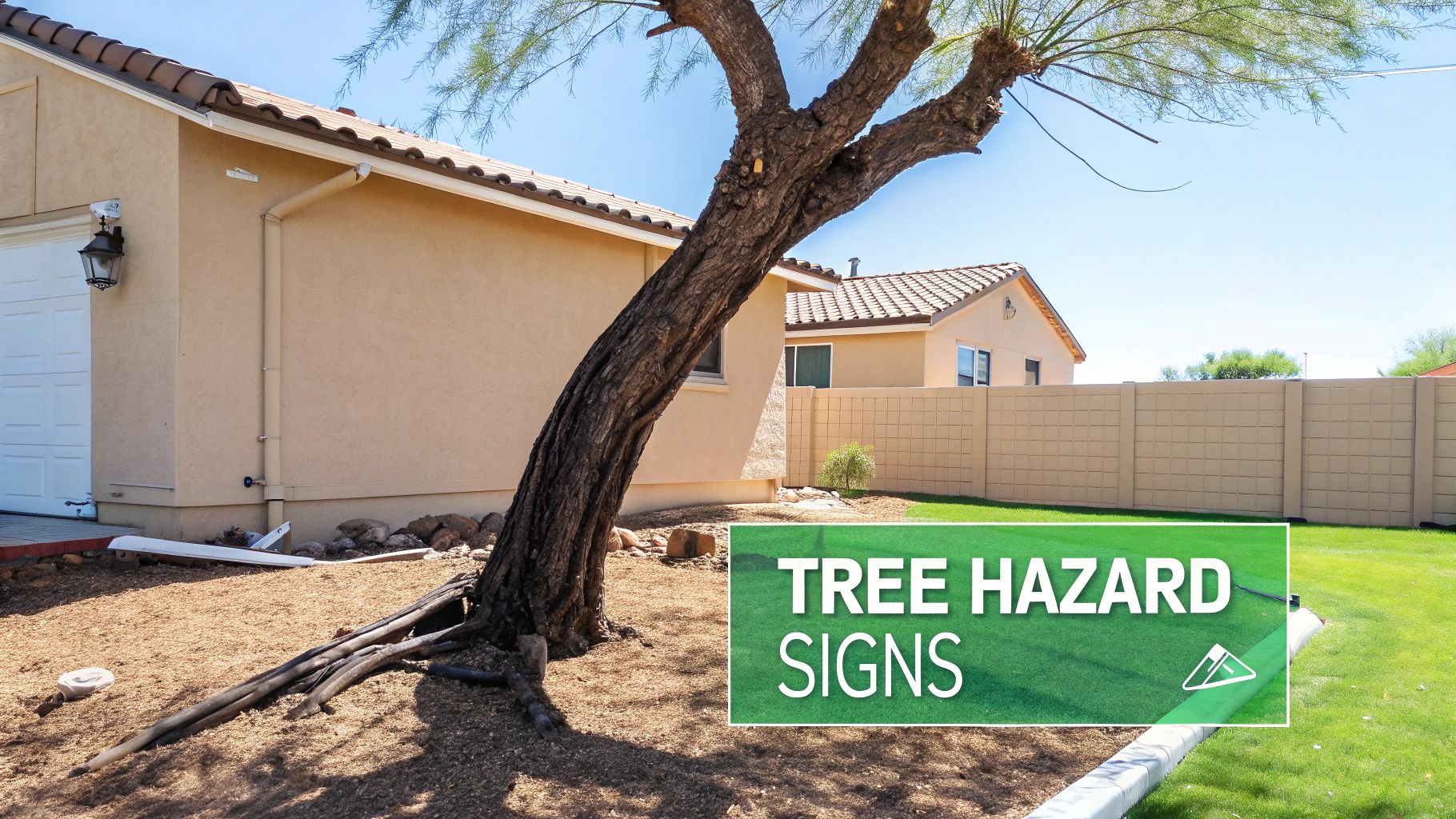 A large, hazardous tree leaning over a residential home, indicating the need for removal.