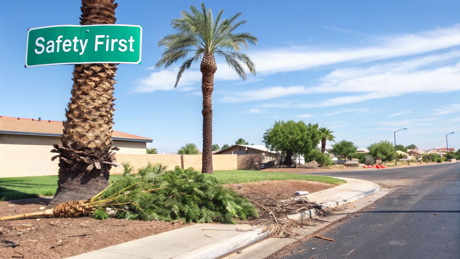 A professionally trimmed palm tree with a clean trunk against a blue sky, showcasing the results of palm tree trimming in Phoenix, AZ.