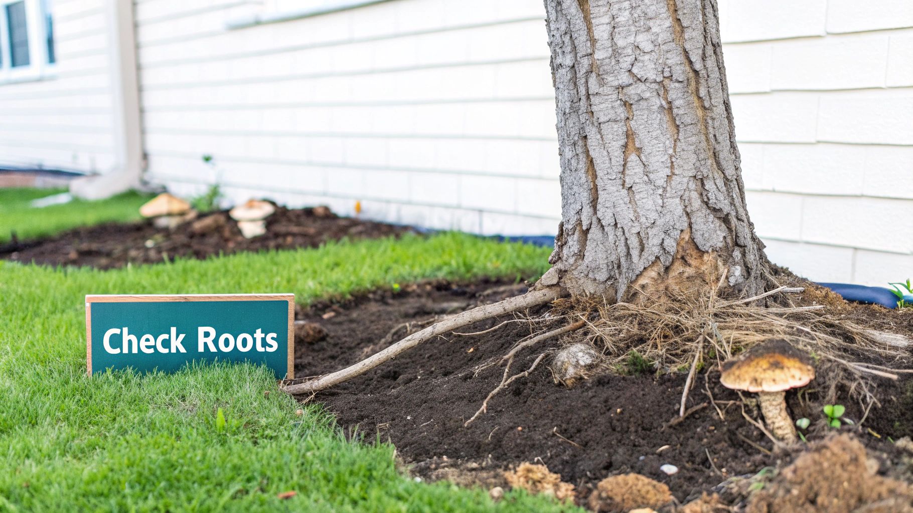 A tree with exposed roots and a 'Check Roots' sign in a residential yard, indicating potential issues.