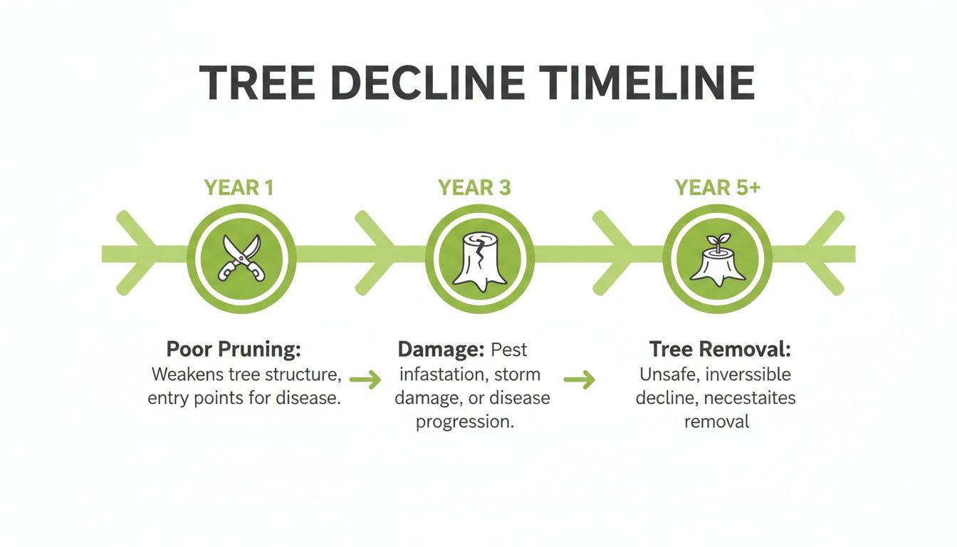 A tree decline timeline illustrating how poor pruning leads to damage and eventual tree removal.