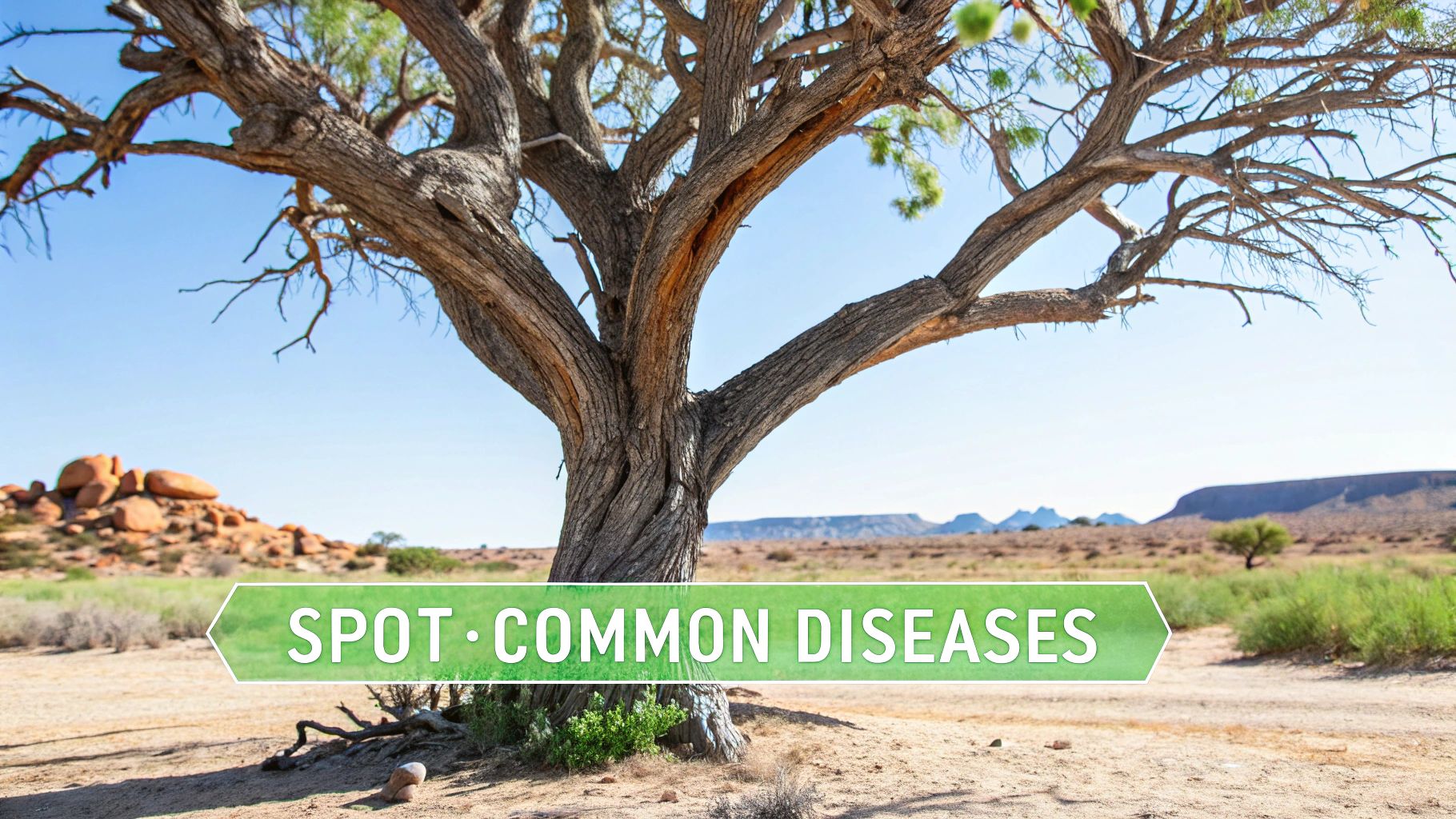 Old tree with rough bark and bare branches in a desert-like environment, suggesting tree health issues.