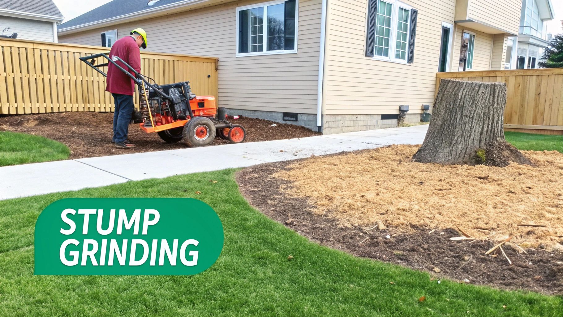 A professional using a stump grinder to remove a tree stump from a residential lawn.