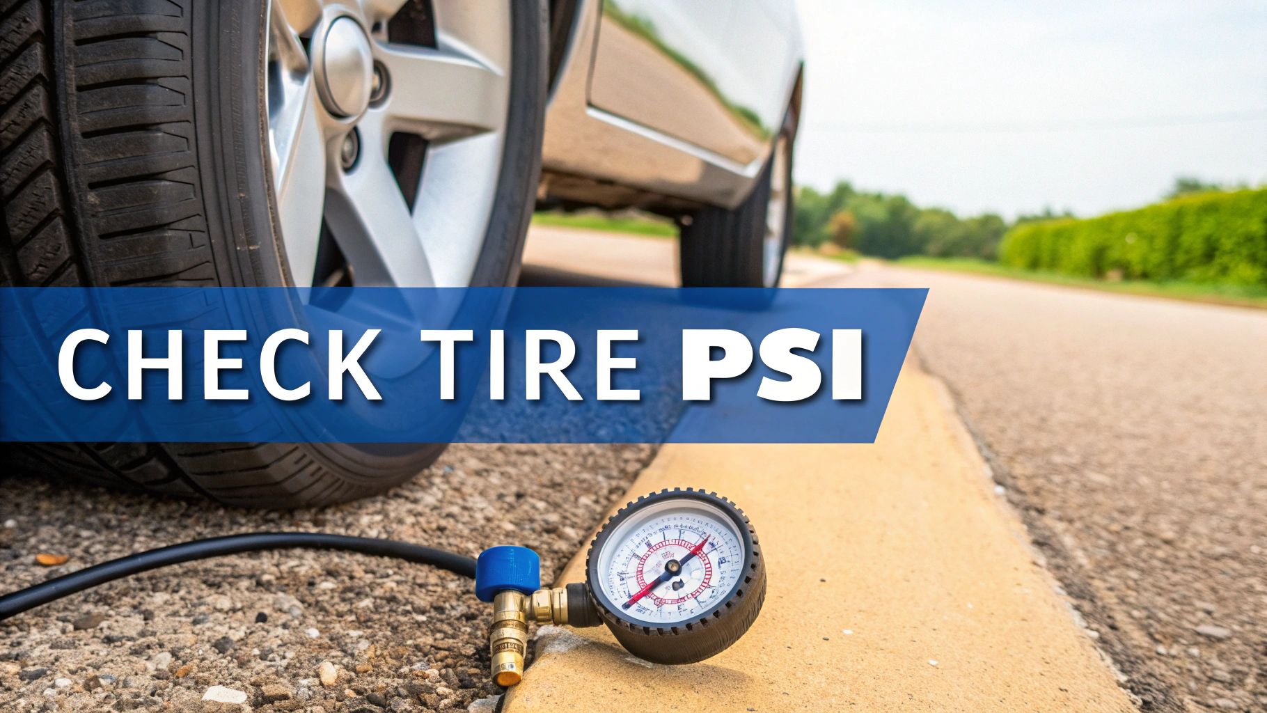 A person checking tire pressure with a gauge.