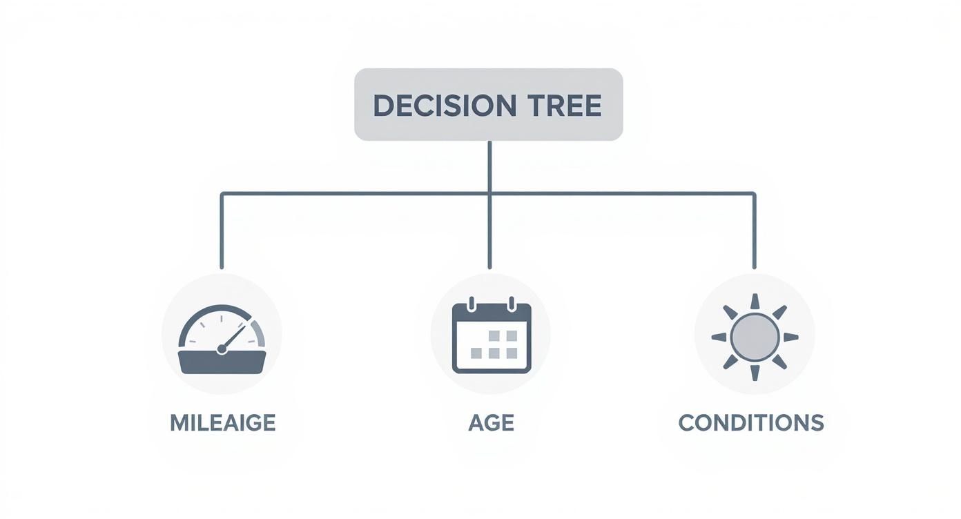 Infographic showing a decision tree for car service based on mileage, age, and driving conditions