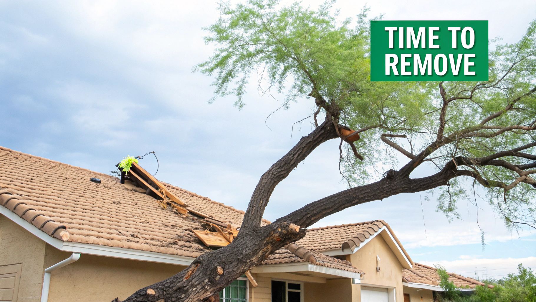 A large fallen tree rests on a house, severely damaging the tiled roof. A green sign says 'TIME TO REMOVE'.
