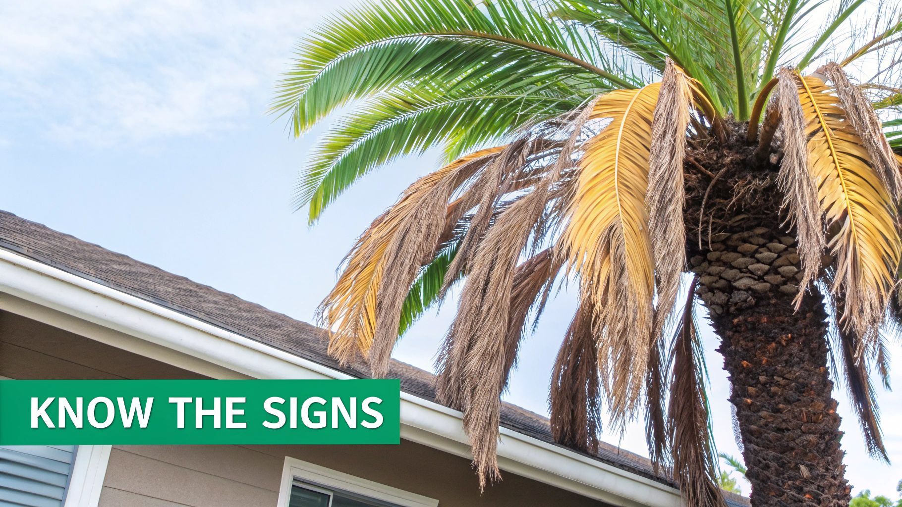 A close-up of a palm tree with both green and dry, brown fronds against a blue sky, above a house roof.