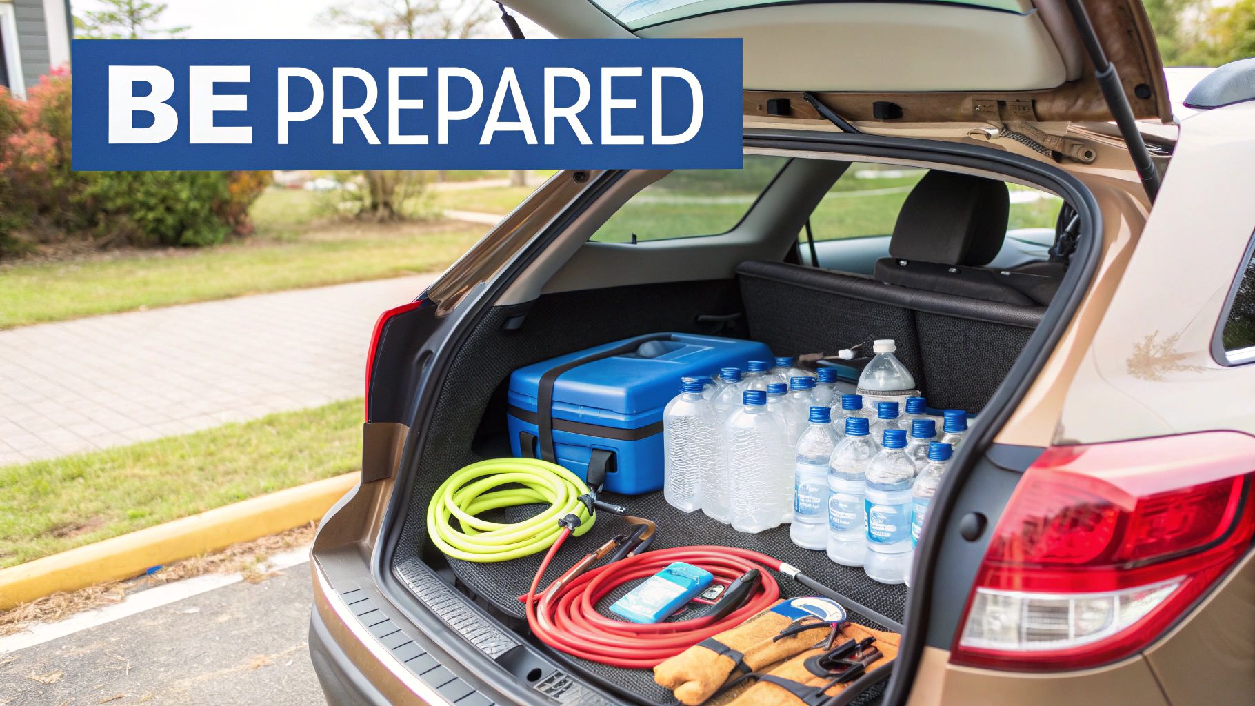 A well-organized car emergency kit with essentials like water, first aid, and tools laid out.