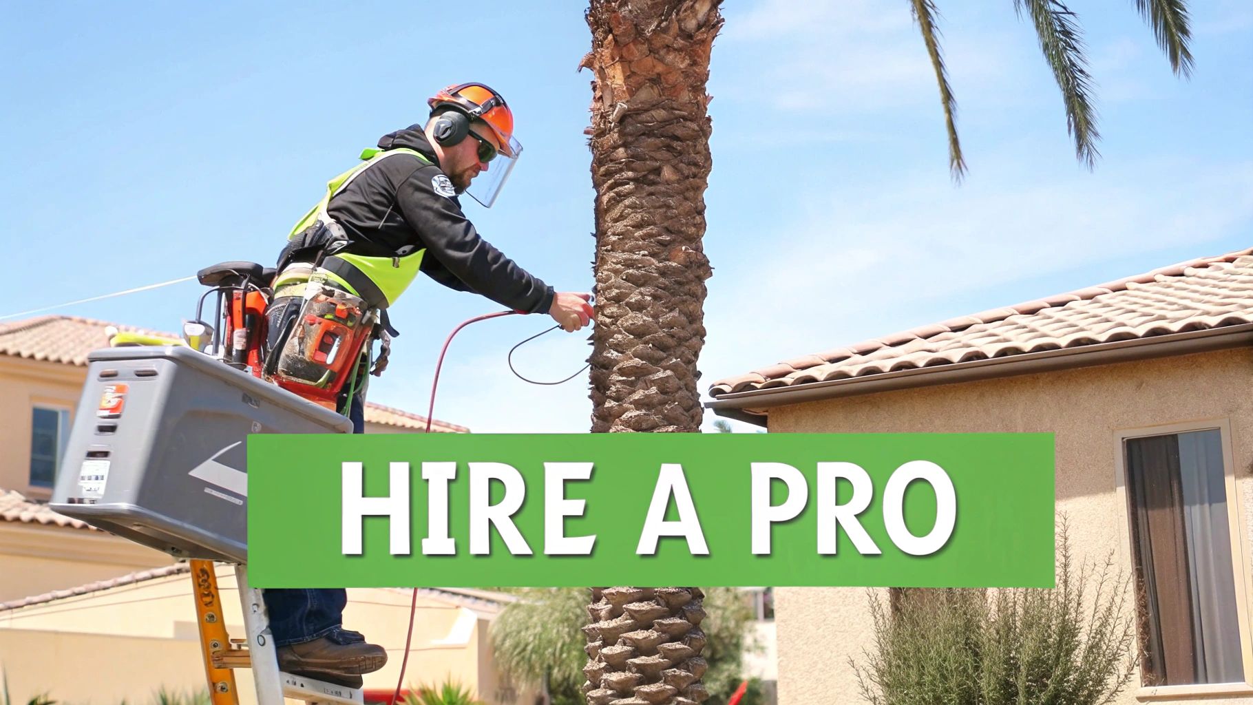 A professional arborist safely trimming a tall palm tree with proper equipment.