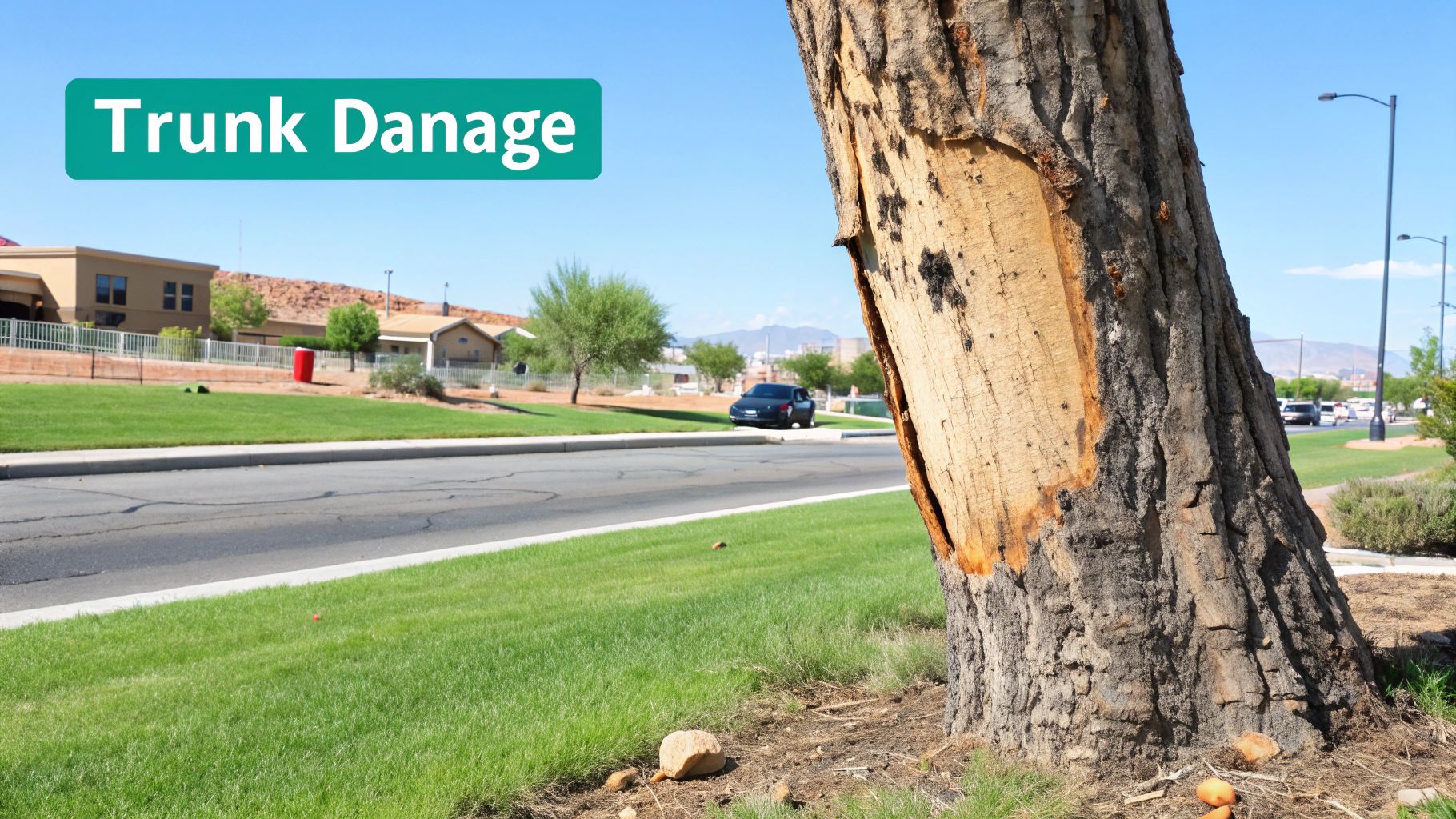 A tree with significant trunk damage, showing exposed wood, next to a street with houses and mountains.