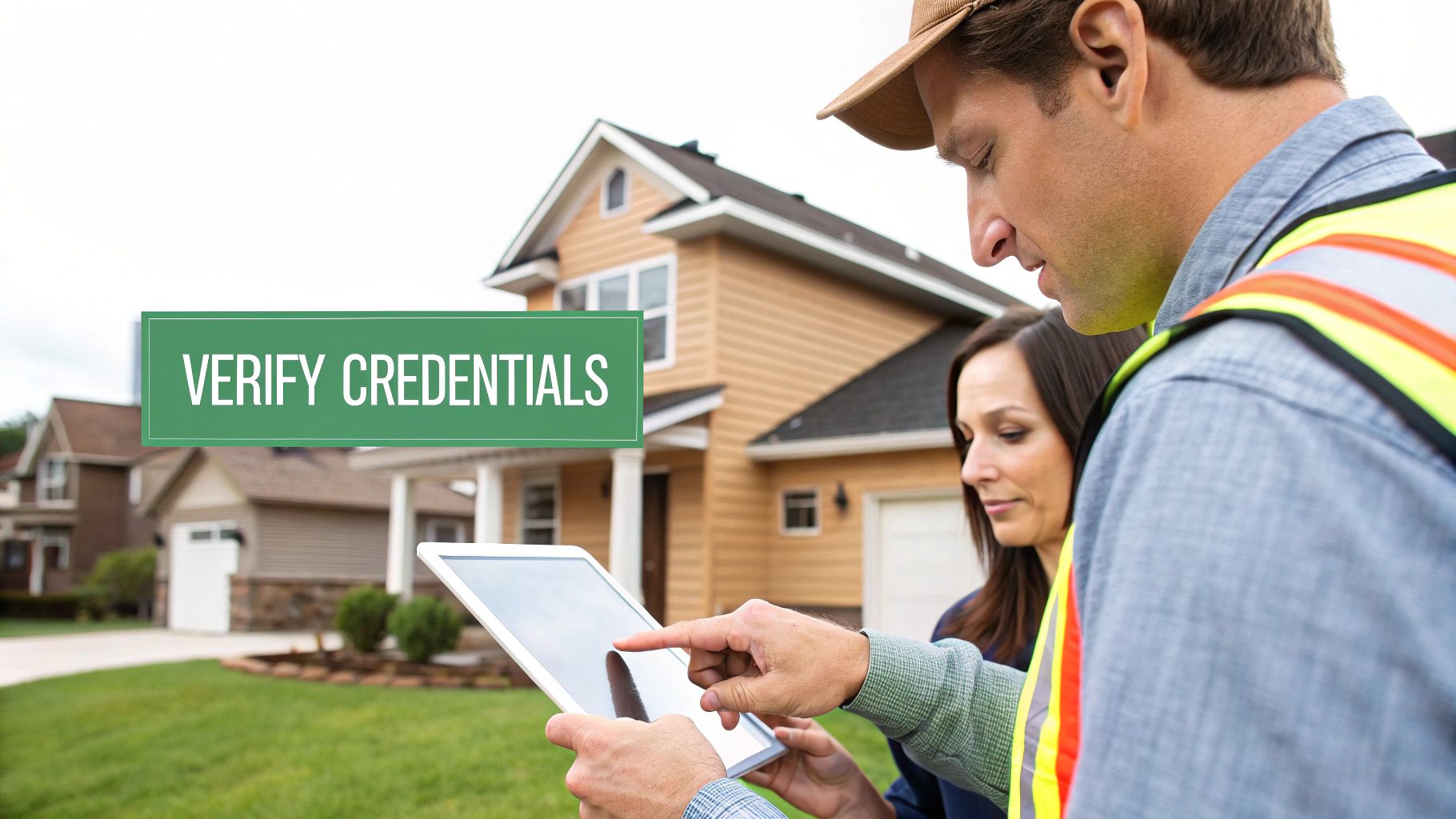 A service professional in a safety vest and a woman review details on a tablet, with a 'VERIFY CREDENTIALS' banner.