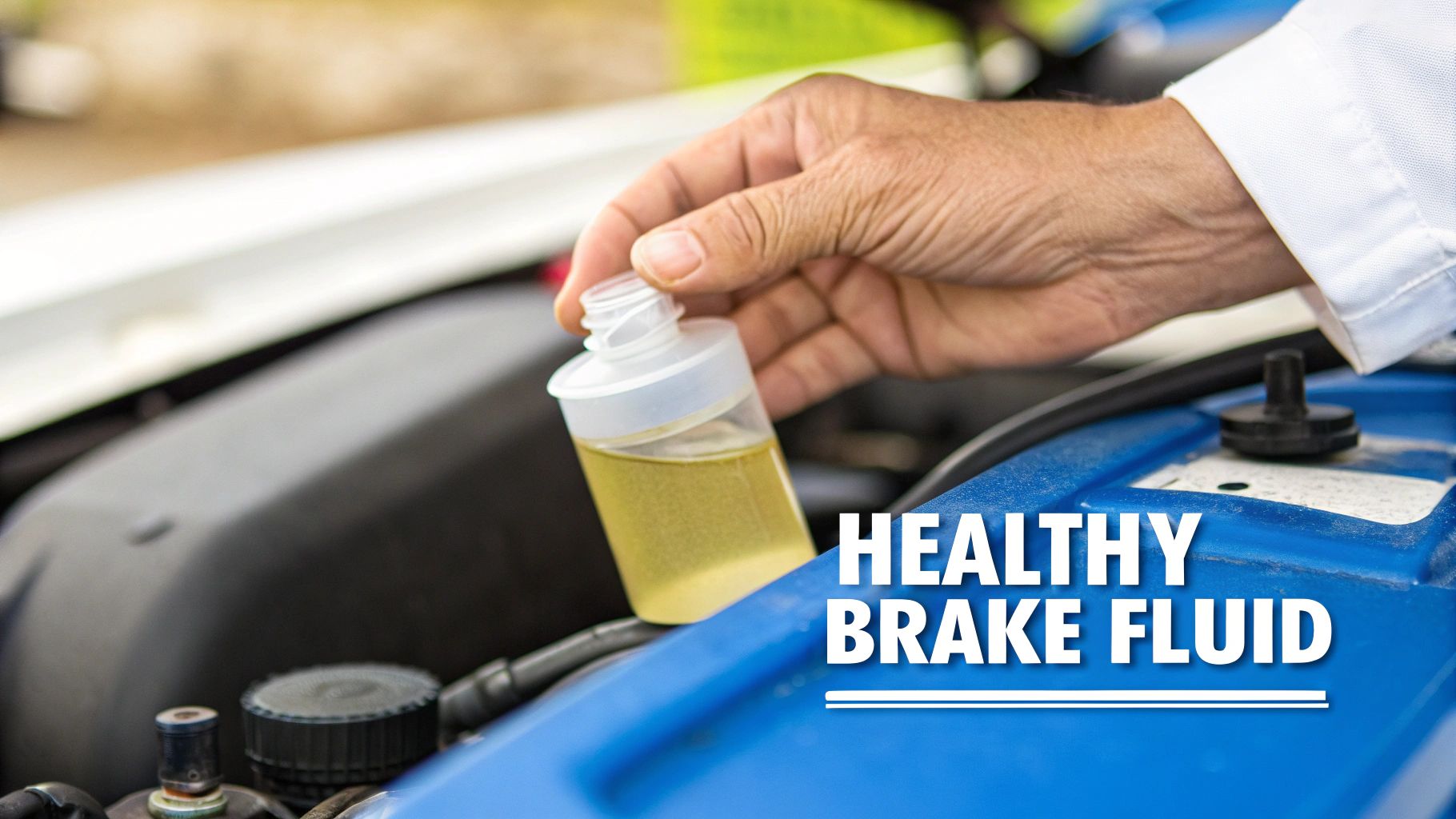 A technician checking the brake fluid color and level in a car's reservoir.