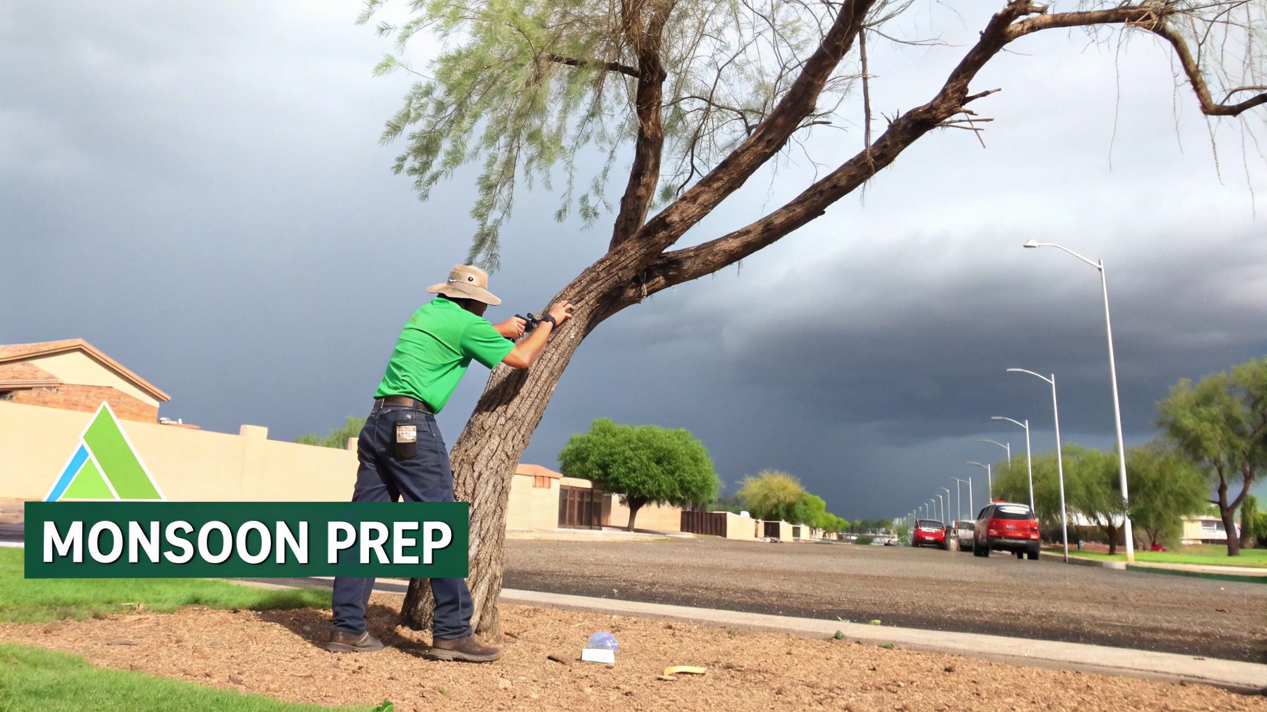 A person prunes a tree under a dark, cloudy sky for monsoon preparation in Phoenix.