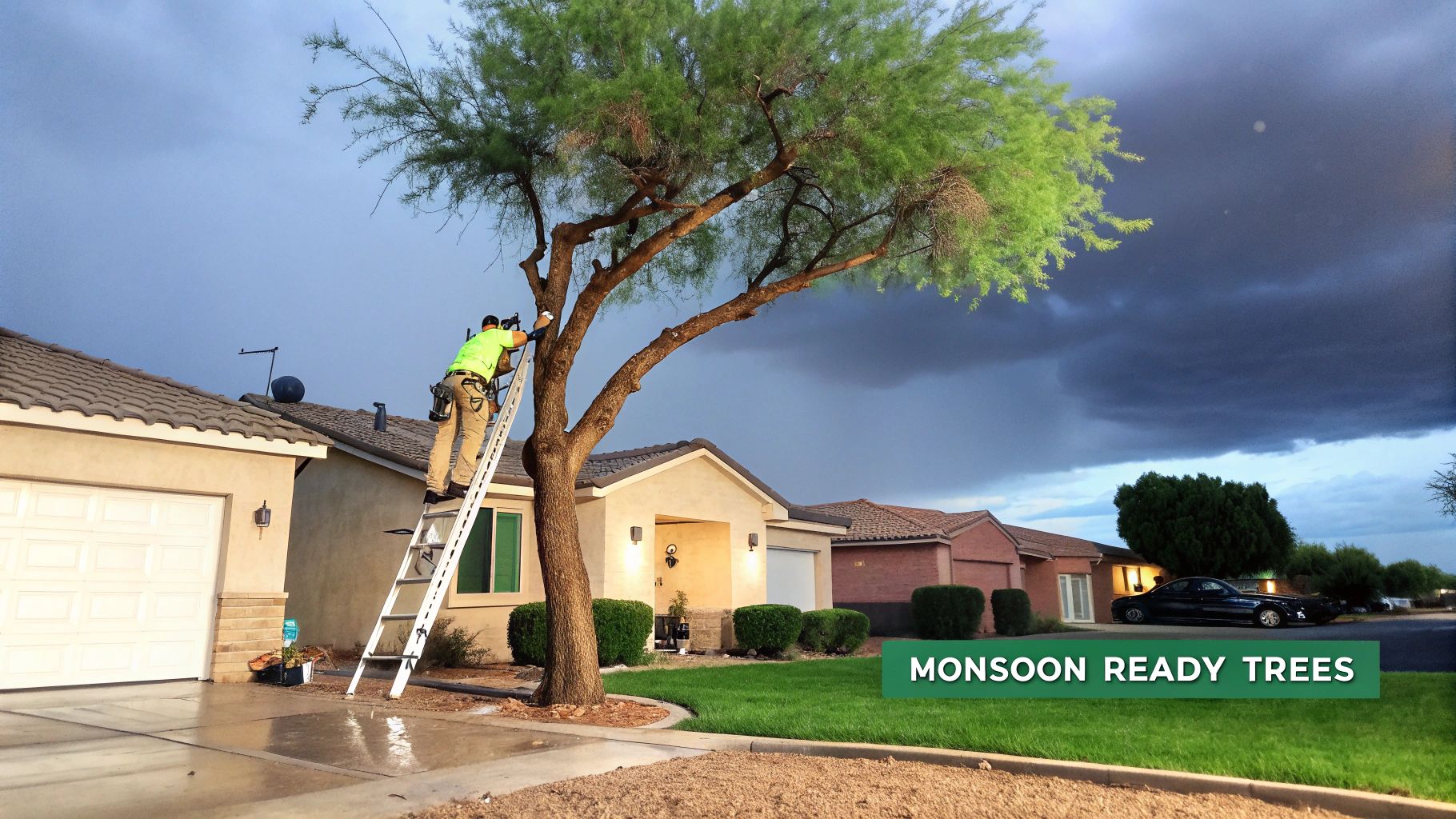 A man on a ladder prunes a tree in a residential area, preparing for monsoon season under a cloudy sky.