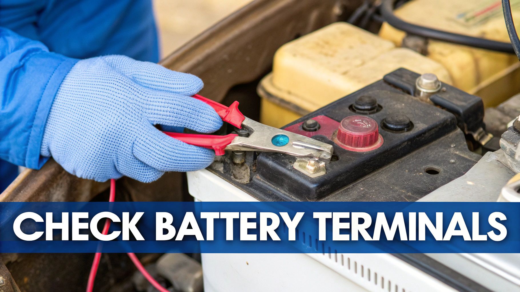 Close-up of a car battery with visible terminals and connections.