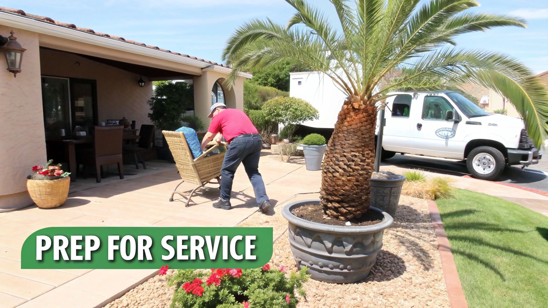 A clean, well-maintained backyard with a clear space around a tall palm tree, ready for service.