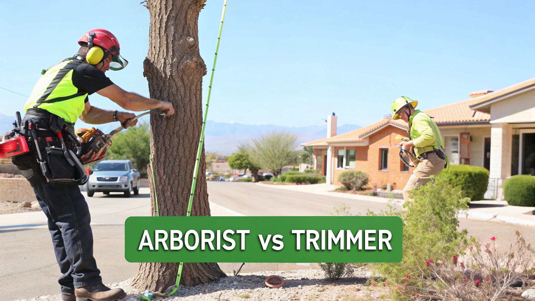 Two arborists in safety gear working on trees in a suburban neighborhood on a sunny day.